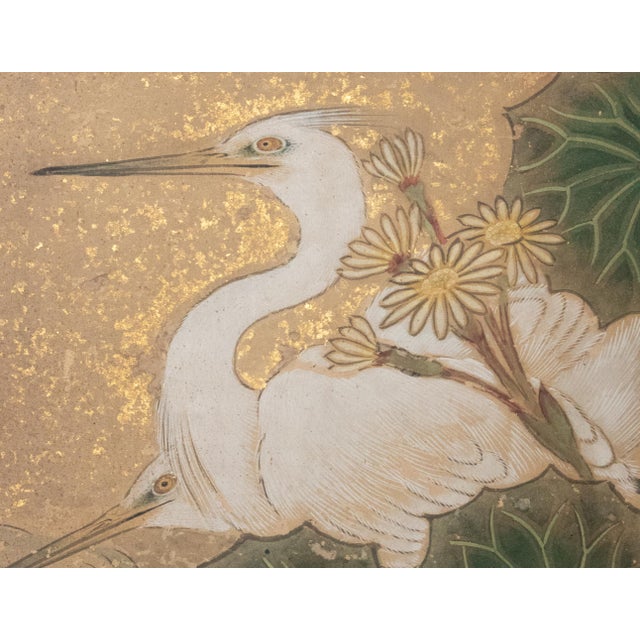 Tan "Egrets and Sparrow", C. 1950s Japanese Yamato-E Style Byobu Screen For Sale - Image 8 of 18