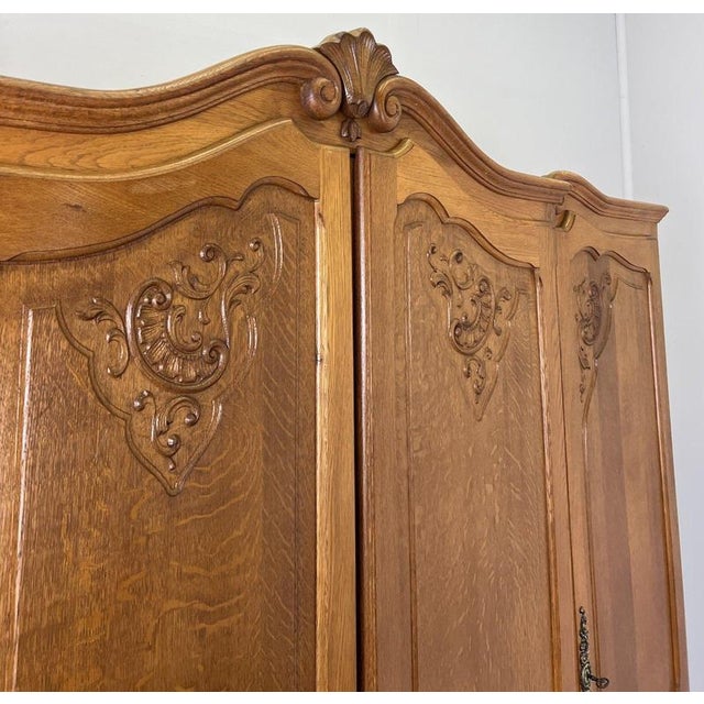 Vintage French Louis XVI Style Carved Oak 4-Door Armoire For Sale - Image 4 of 14