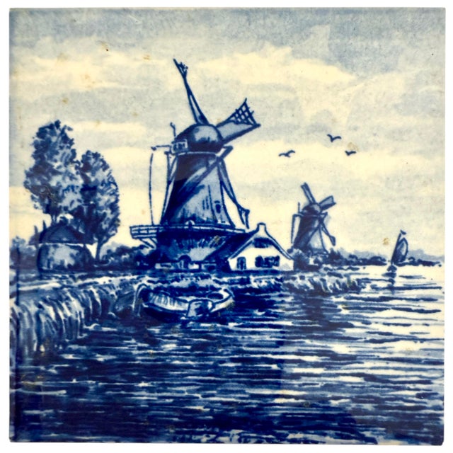 Ceramic Vintage Dutch Royal Goedewaagen Hand-Painted Delt Tiles - Blue and White Windmill and Sailing Scenes - Set of 5 For Sale - Image 7 of 12