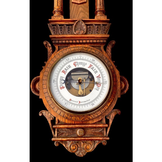 English Antique English Carved Oak Wall Hanging Barometer For Sale - Image 3 of 17