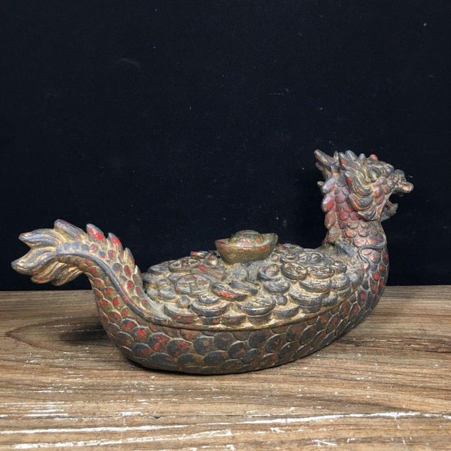 Vintage Gilt Bronze Dragon Boat Sculpture With Coin Motif and Red Patina For Sale In Los Angeles - Image 6 of 9