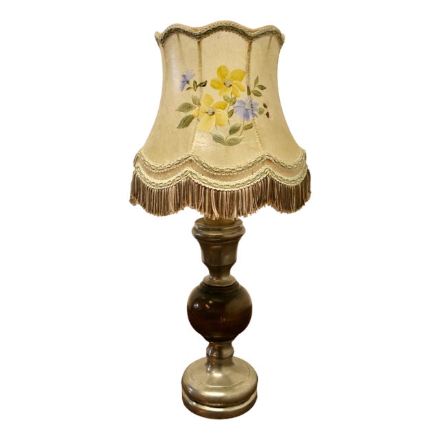 Pewter and Turned Wooden Table Lamp with Hand Painted Shade, 1930s For Sale