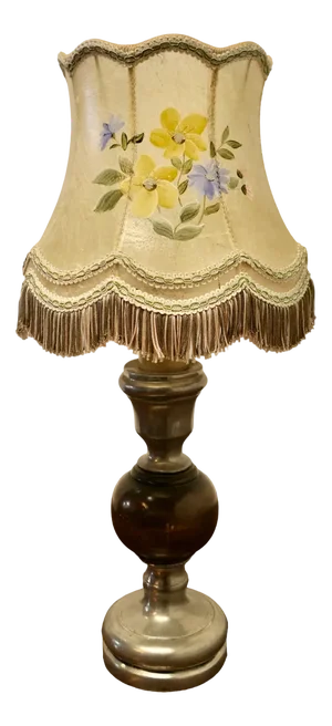 Pewter and Turned Wooden Table Lamp with Hand Painted Shade, 1930s