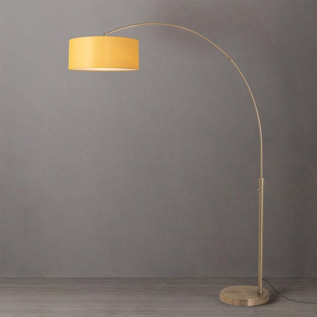 Mid-Century Modern 1960s Float Brass Floor Lamp - 92" Modern Arc Lamp, Mustard Linen Drum Shade, Dimmable, Living Room Lamp For Sale - Image 3 of 4
