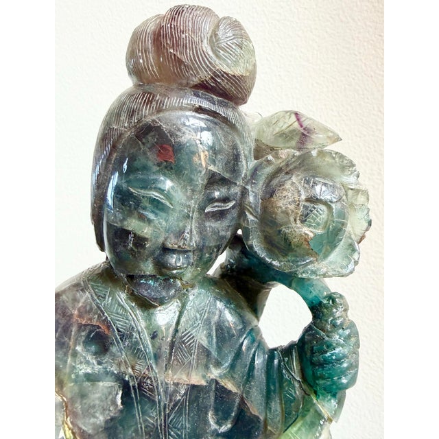 This is a beautiful and rare Antique Chinese Natural Rainbow Fluorite Carved Lady Figure with Custom Stand. She is in...