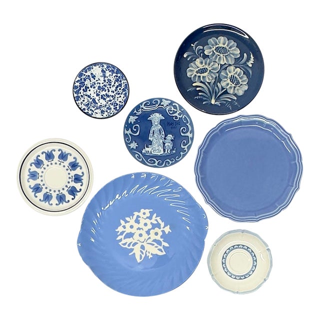 Chalky Blue Vintage Wall Plate Curation - Group of 7 For Sale