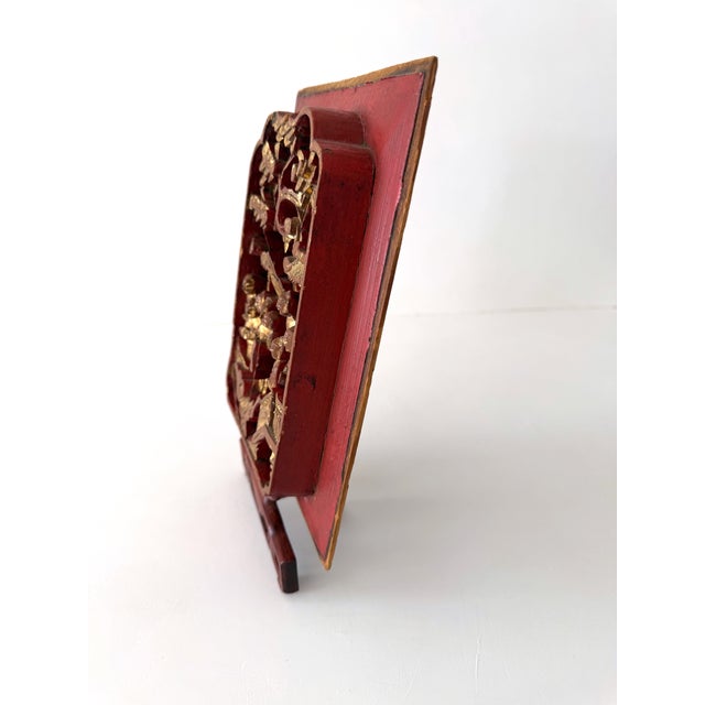 Red Antique Chinese Carved Gilt Wood Panel on Stand For Sale - Image 8 of 15
