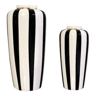 Pair of Hollywood Regency Style Black & White Striped Ceramic Vases For Sale