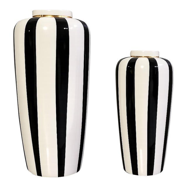 Pair of Hollywood Regency Style Black & White Striped Ceramic Vases For Sale