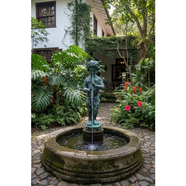 Vintage-Style Bronze Boy Playing Flute Fountain With Verdigris Patina For Sale - Image 9 of 9