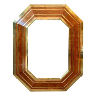Large French Brass and Burr Elm Mirror attributed to Jean Claude Mahey, 1970s For Sale