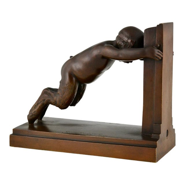 Art Deco Bronze Bookends of Boy and Girl Satyr by Paul Silvestre, 1920s, Set of 2 For Sale - Image 6 of 13