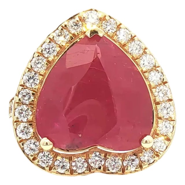 11.57 CTW Diamond & Heart-Shaped Ruby Halo Ring 18k Yellow Gold, Size 6 For Sale