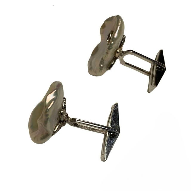 White Diamond Fresh Water Pearl Cufflinks 14k Gold 0.45 TCW Designer Certified, Pair For Sale - Image 8 of 14