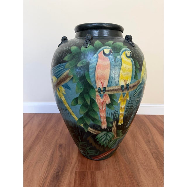 20th Century Hand-Painted Ceramic Urn With Rainforest & Parrot Motif For Sale - Image 15 of 15
