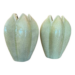 Late 20th Century Crackled Green Vases- a Pair For Sale