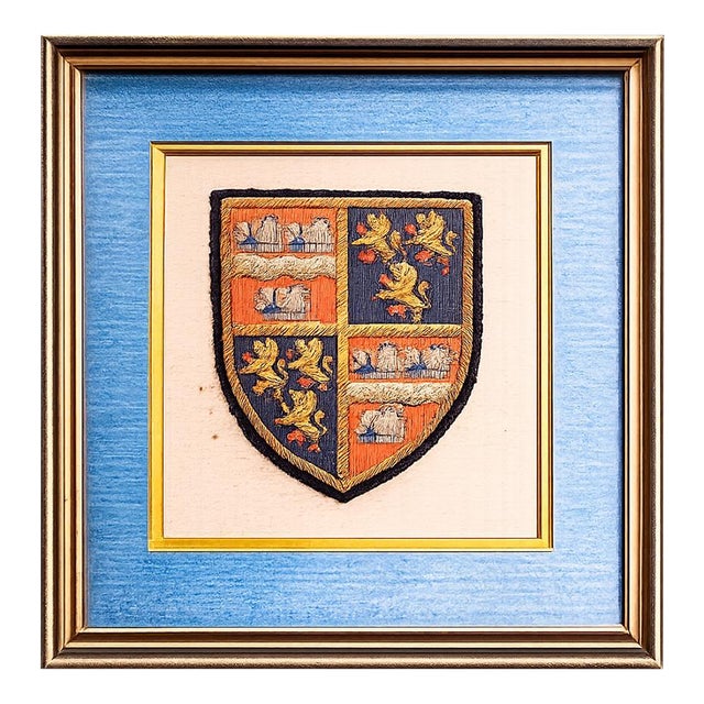 Preppy Antique English School Framed Crest Patch Armorial Coat of Arms Home Wall Decor For Sale