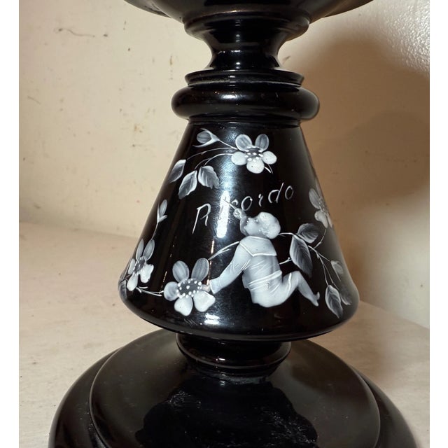 Metal Antique Handmade Black Amethyst Glass Brass Mary Gregory Enameled Oil Table Lamp For Sale - Image 7 of 9