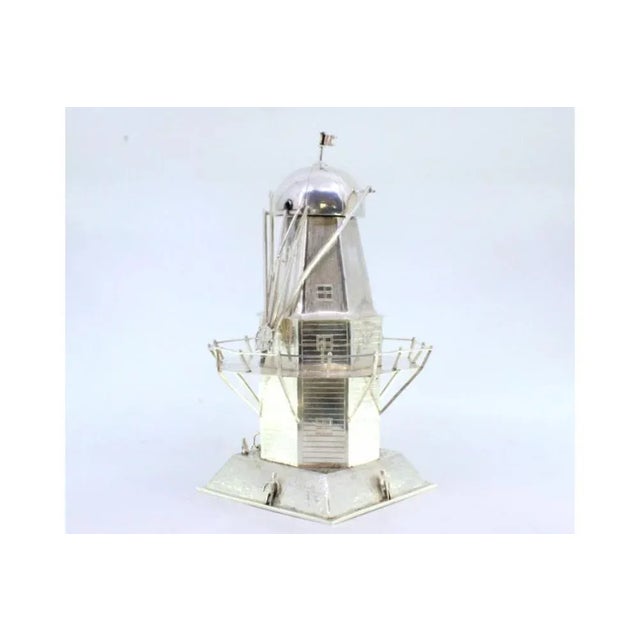 Silver Silver Lighthouse with Raised Applications and Hammered Square Base For Sale - Image 8 of 9