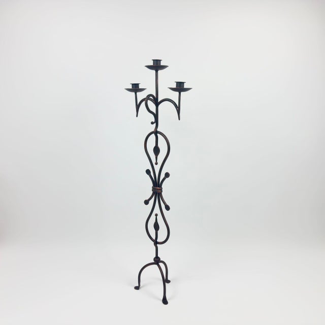 Hand Forged Wrought Iron Floor Candelabra 44.5″ (113cm) Antique Copper Patina 3-Arm Scroll Design Candle Holder Rustic Fireplace Decor For Sale - Image 6 of 6