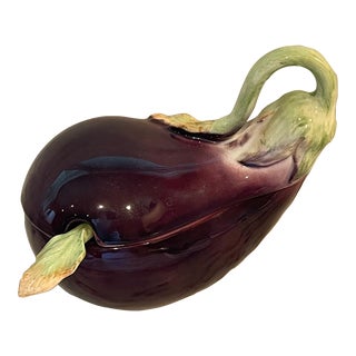 Vintage Italian Ceramic Eggplant Lidded Dish with Spoon For Sale