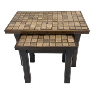 Vintage Brutalist Nesting Tables in Oak with Tile Top, 1970s, Set of 2 For Sale