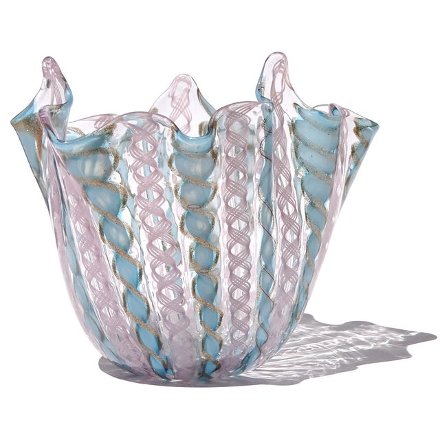 Mid-Century Modern Vintage Murano Blue Pink Copper Aventurine Flecks Zanfirico Ribbons Italian Art Glass Fazzoletto Vase For Sale - Image 3 of 8