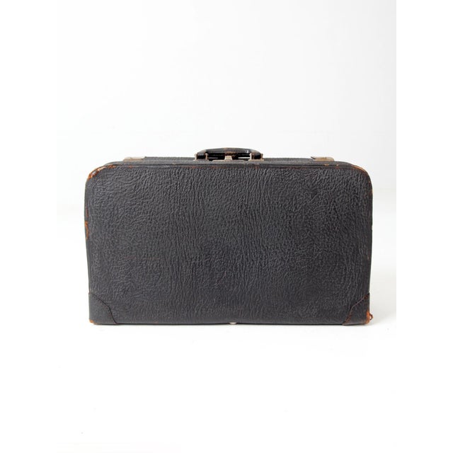 Vintage 1930s Belber Black Leather Suitcase With Green Interior For Sale - Image 11 of 18