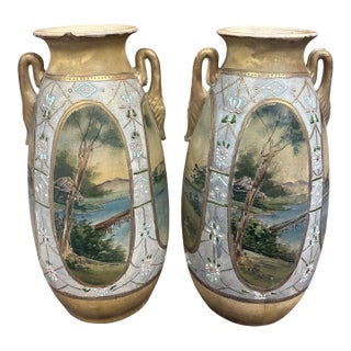 Nippon Morriage Hand-Painted Vases, a Pair For Sale