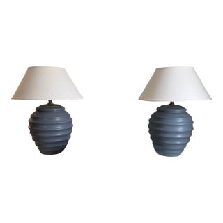1980s Sculptural Beehive Slate Blue Table Lamps - a Pair For Sale
