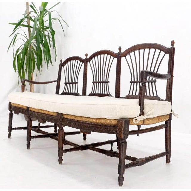 Very decorative antique tripple rush seat solid linen upholstery cushion bench sattee sofa mint!