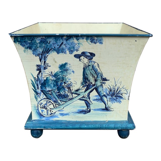 French Provincial Blue and White Tole Country-Life Cachepot For Sale