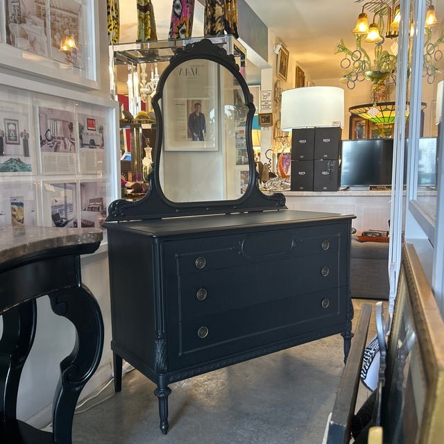 1940s Restored Black Painted Chest of Drawers With Mirror and Brass Rope Ring Pulls For Sale - Image 4 of 12