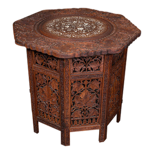 Vintage Campaign Tea Table, Burmese, Carved Teak, Display, Lamp, Art Deco, 1940