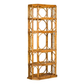 Midcentury Bamboo and Glass Etagère with Five Shelves and Geometric Accents For Sale