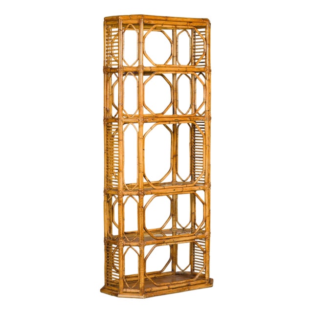 Midcentury Bamboo and Glass Etagère with Five Shelves and Geometric Accents For Sale