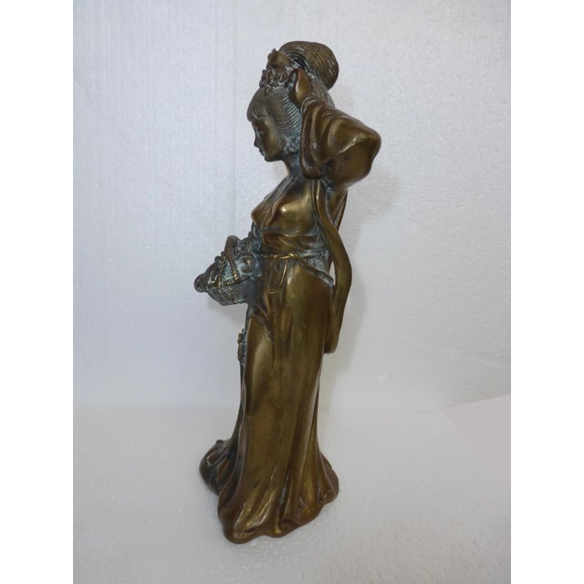 Asian Vintage Asian Woman Figurine Holding Basket Bronze Sculpture For Sale - Image 3 of 12