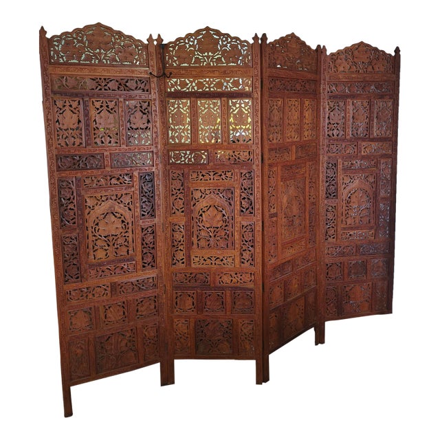 Vintage Carved Thai Four Panel Teak Room Divider For Sale