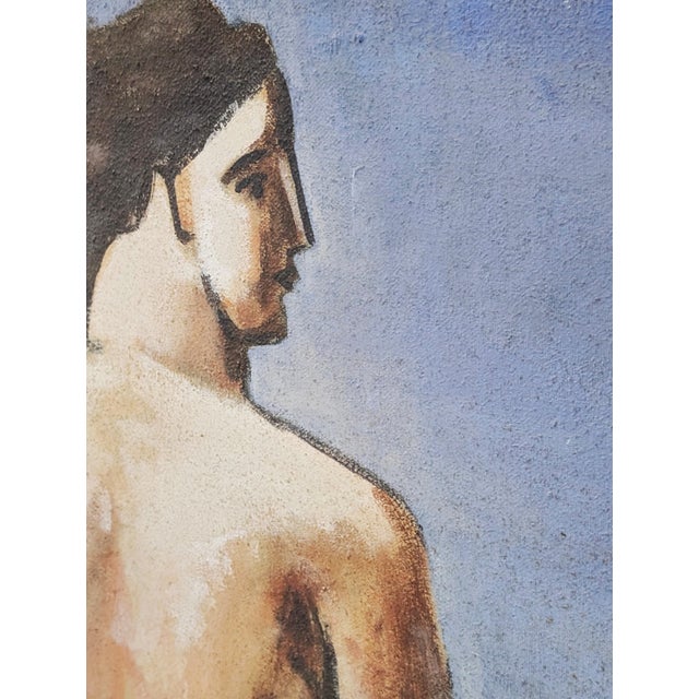 Large-format oil on canvas depicting a standing female figure, seen from behind, on the beach. The painting is executed in...