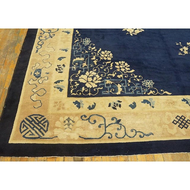 1900 - 1909 1900s Navy Blue Solid Floral Deco Antique Chinese Peking Knotted Room Size Rug For Sale - Image 5 of 10