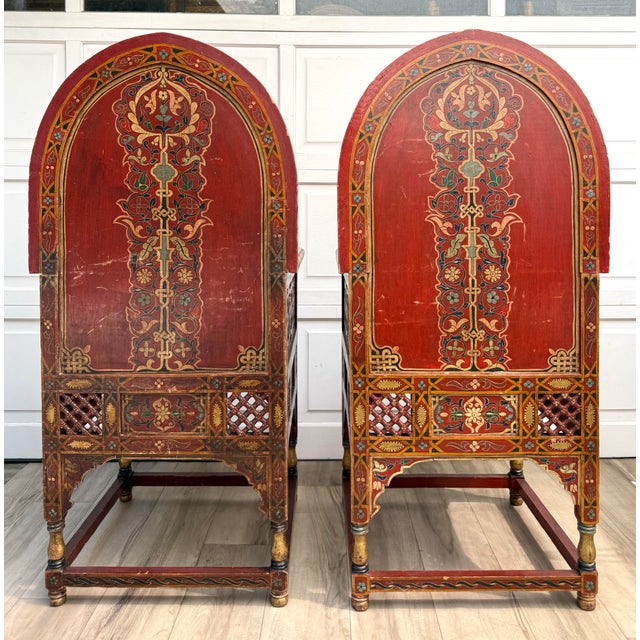 Vintage Moroccan Hand-Painted Carved Wood Throne Chairs - Pair For Sale - Image 11 of 18