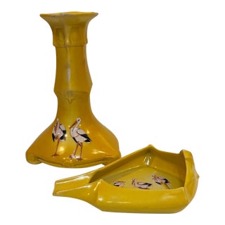 Antique Royal Bayreuth Bavarian Yellow Porcelain Stork Candlestick & Trinket Dish/Ashtray Set - 2 Pieces For Sale
