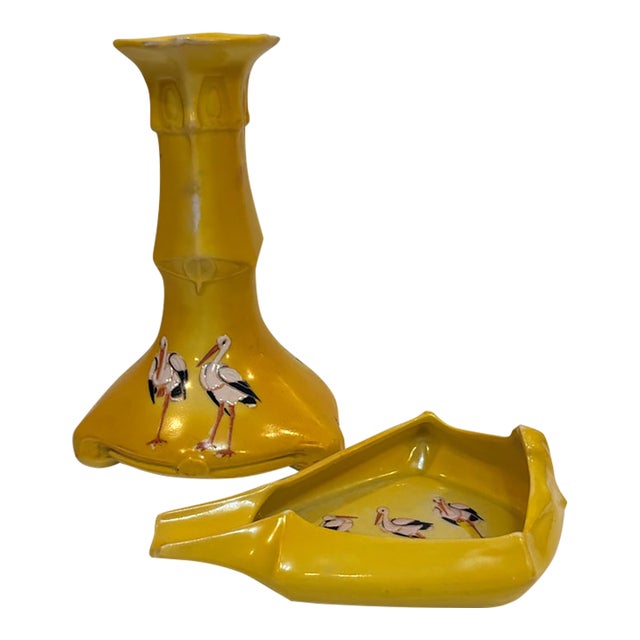 Antique Royal Bayreuth Bavarian Yellow Porcelain Stork Candlestick & Trinket Dish/Ashtray Set - 2 Pieces For Sale