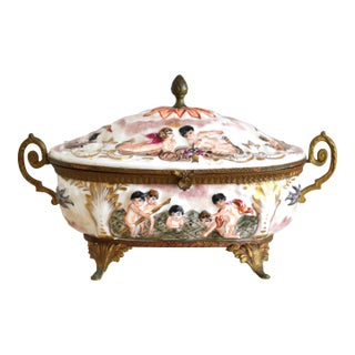 1950s French Hand Painted Lidded Bowl Ornate Angel Porcelain For Sale