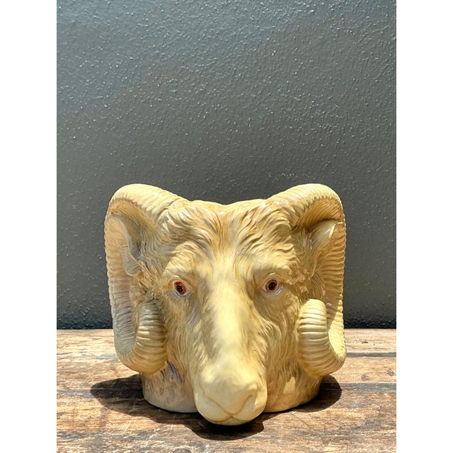 Vintage Italian Ceramic Rams Head Cache Pot For Sale - Image 4 of 14