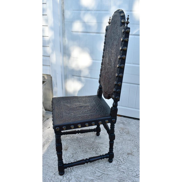 Antique Tudor Carved Walnut & Tooled Leather High Back W/Brass Studs & Finials For Sale - Image 11 of 12