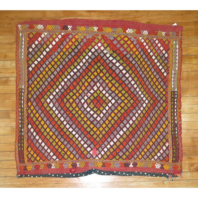 Mid 20th Century Square Boho Geometric Colorful Jajim Flat-Weave, 20th Century - 3'6" x 4'2" For Sale - Image 5 of 5