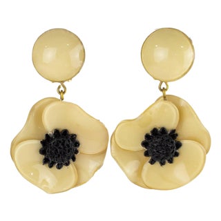 Cilea Paris Dangle Resin Clip Earrings Pale Yellow Poppy Flower For Sale