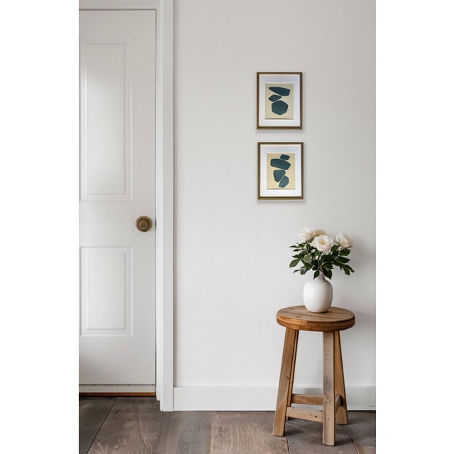 Abstract minimalist acrylic painting on French hand crafted cotton paper. Framed in a gold frame. All works on paper are...