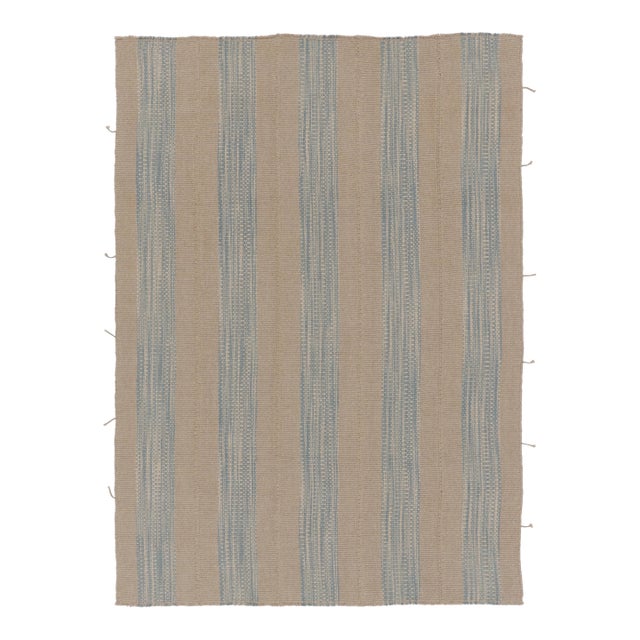 Rug & Kilim’s Contemporary Kilim, Beige and Blue Textural Stripes For Sale